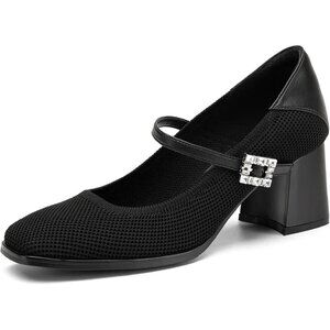 🆕 Women's Chunky Mid Block Heels Mary Jane Rhinestone Buckle Work Pumps Black